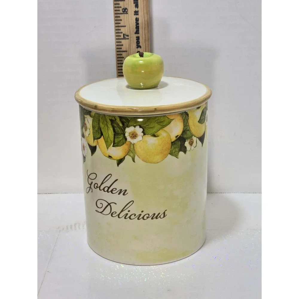 🍏 Cracker Barrel Golden Delicious Apple Canister w‎ Lid EUC 🍏